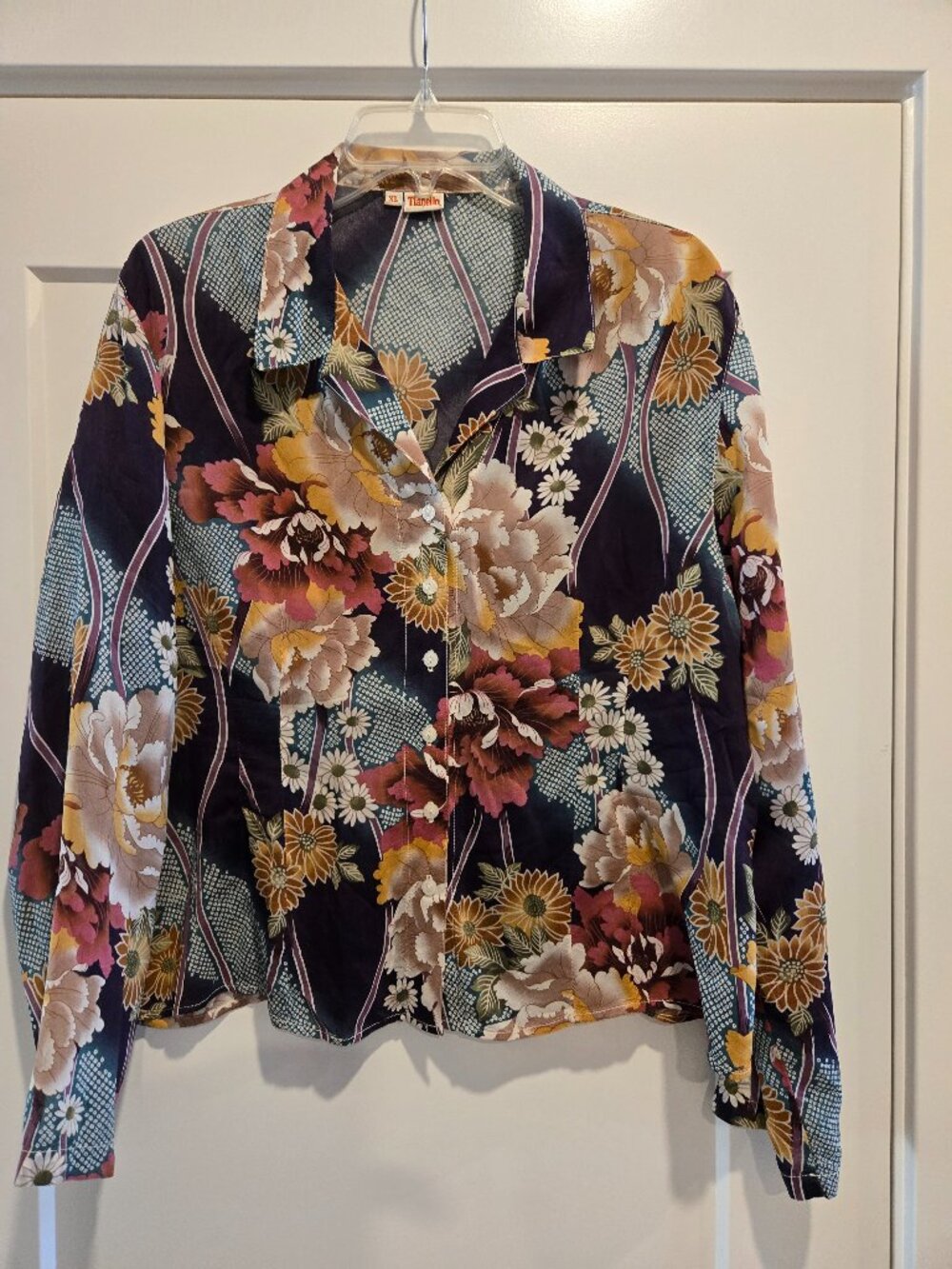 EUC TIANELLO PRE-SHRUNK RAYON DIANA BLOUSE LONG SLEEVE COLLARED SIZE XL
